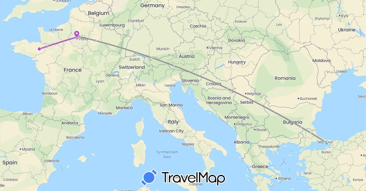 TravelMap itinerary: driving, plane, train, boat in France, Turkey (Asia, Europe)