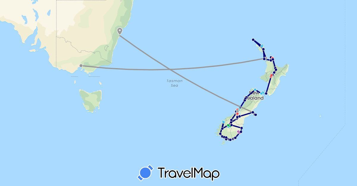 TravelMap itinerary: driving, bus, plane, train, hiking, boat in Australia, New Zealand (Oceania)