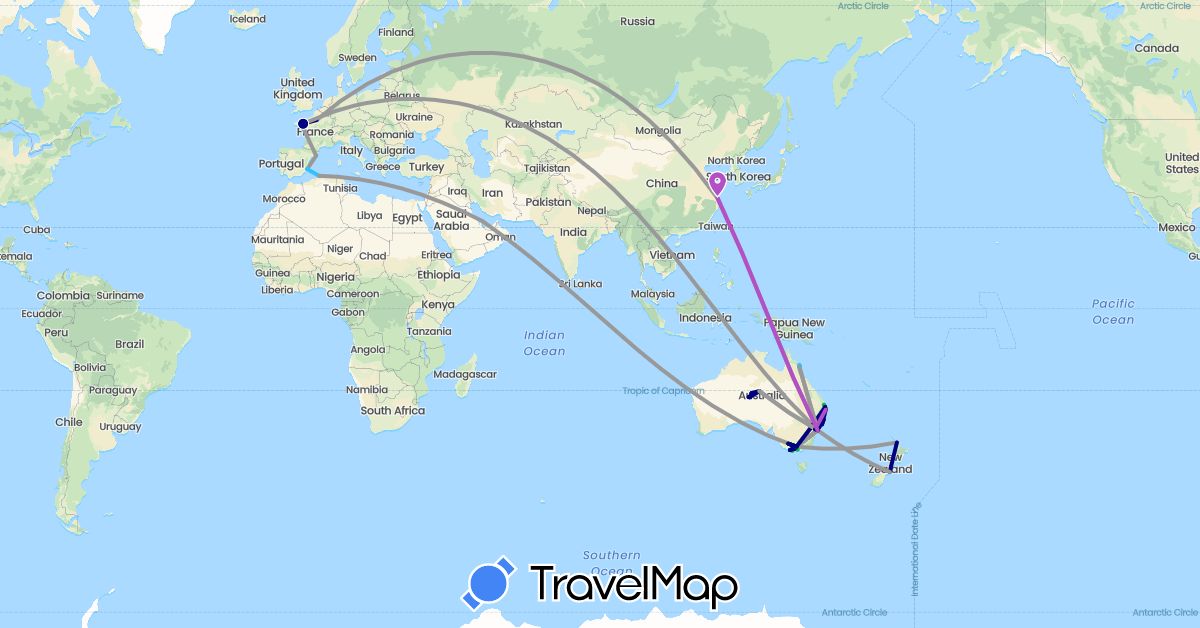 TravelMap itinerary: driving, bus, plane, train, boat in Australia, China, Algeria, Spain, France, New Zealand, Qatar (Africa, Asia, Europe, Oceania)